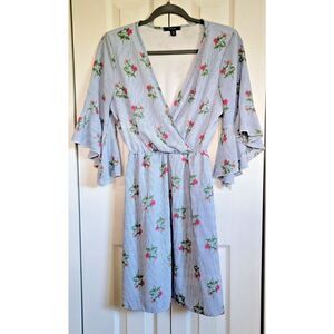 Espresso Elastic Women's PS Striped‎ Floral Dress Romantic Blue White V-Neck